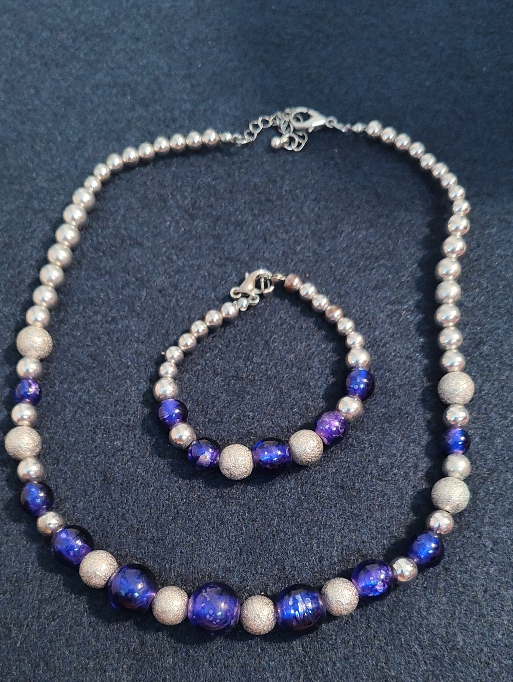 Source Unknown Silver and Deep Blue Beaded Necklace & Bracelet Set